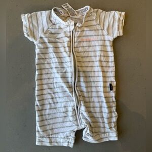 Bonds White and Gray Striped Zippy Wondersuit with short sleeves and legs